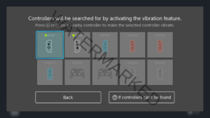 A screen allowing Switch players to find paired controllers by using vibration.