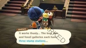 Blathers explaining how the Stamp Rally works.