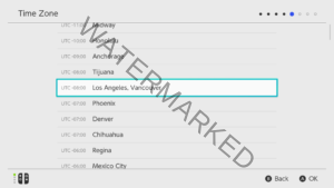 Picking a Time Zone on the Nintendo Switch.