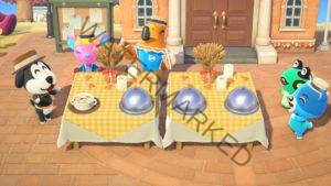 Island residents excitedly clap over the prepared Thanksgiving feast.