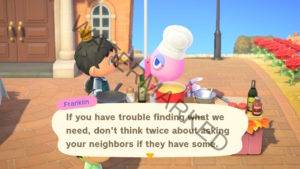 Franklin advising the player to ask their neighbors if they can't find the needed ingredients for a dish.