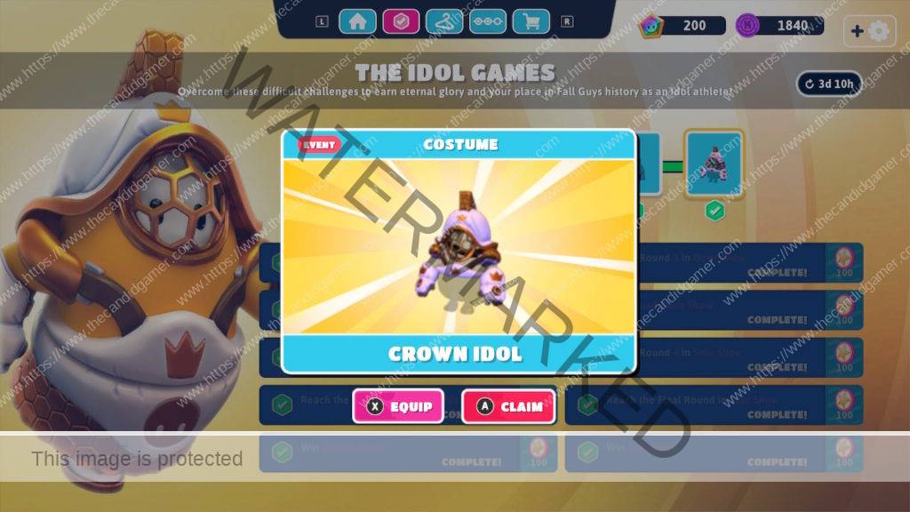 A screenshot showing the player earning the last event reward: the upper half of the Crown Idol costume.