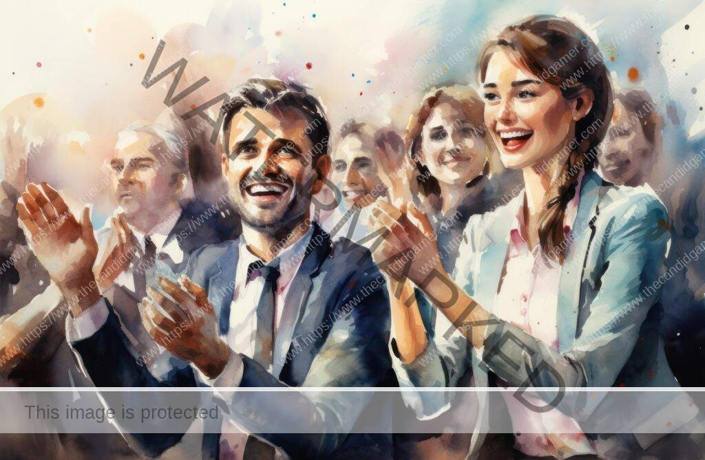 An illustration of a crowd clapping and cheering.