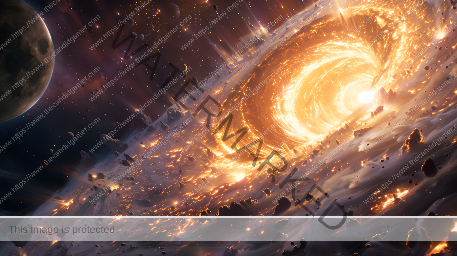 An image of a black hole in space. A moon or planet can be seen along the top left of the image.