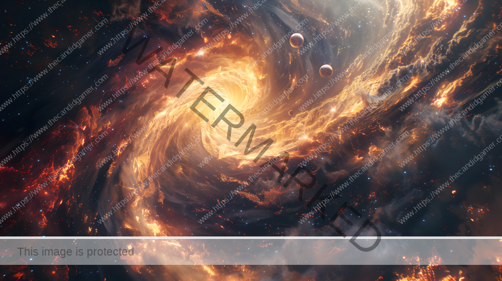 An image of a swirling black hole in space. Planets or planetoids are seen getting sucked in.