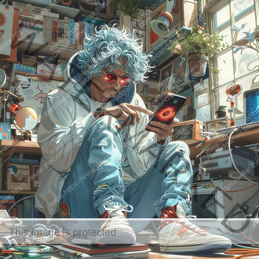 A modern-day reimagined Einstein sitting on the floor of a room and using a cell phone, surrounded by books and computers.