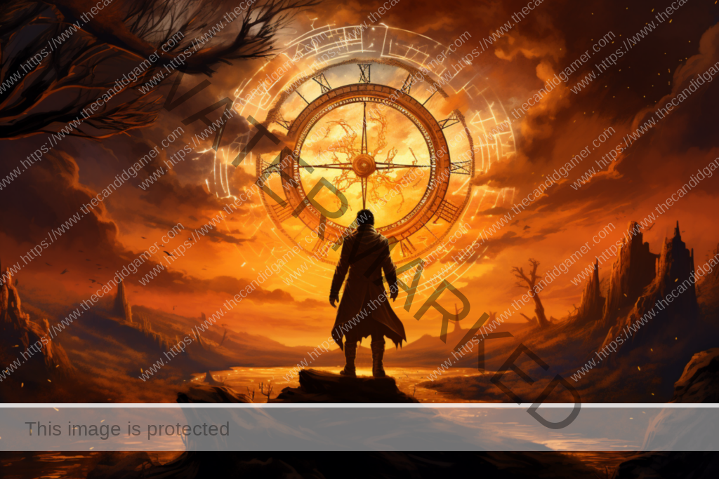 A man stands before a cloudy natural scene at sunset. A clock is seen in the background of the sky.