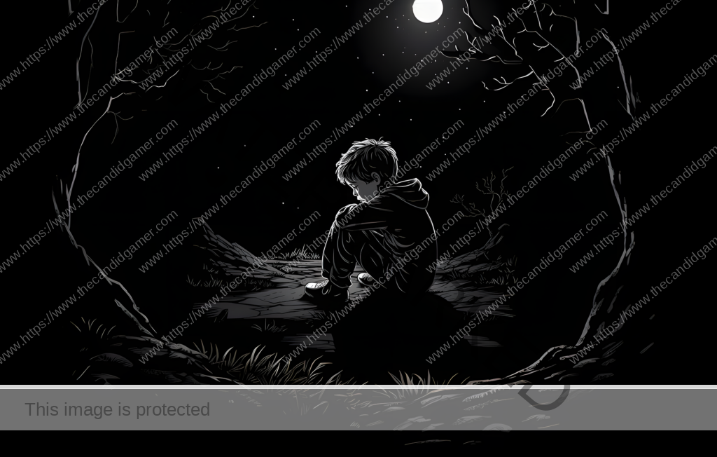 A boy sits on an elevated forest clearing overlooking the night sky. He is sad and sits huddled against his knees.
