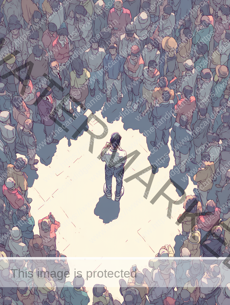 A man stands isolated in a crowd. There is a distance between him and everyone else.