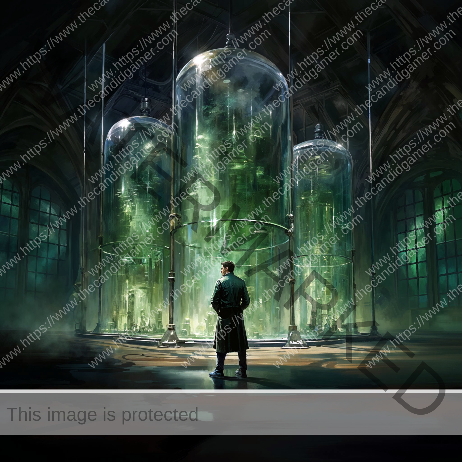 Scientist looking behind back, standing in front of three large glass containers.