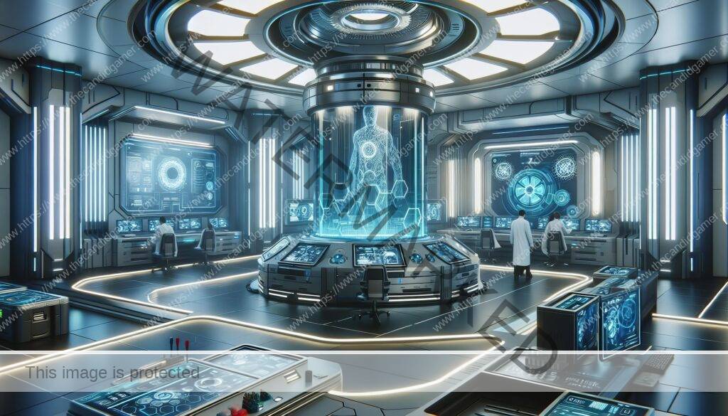 A sci-fi laboratory with a digital human model displayed in the central, circular computer console.