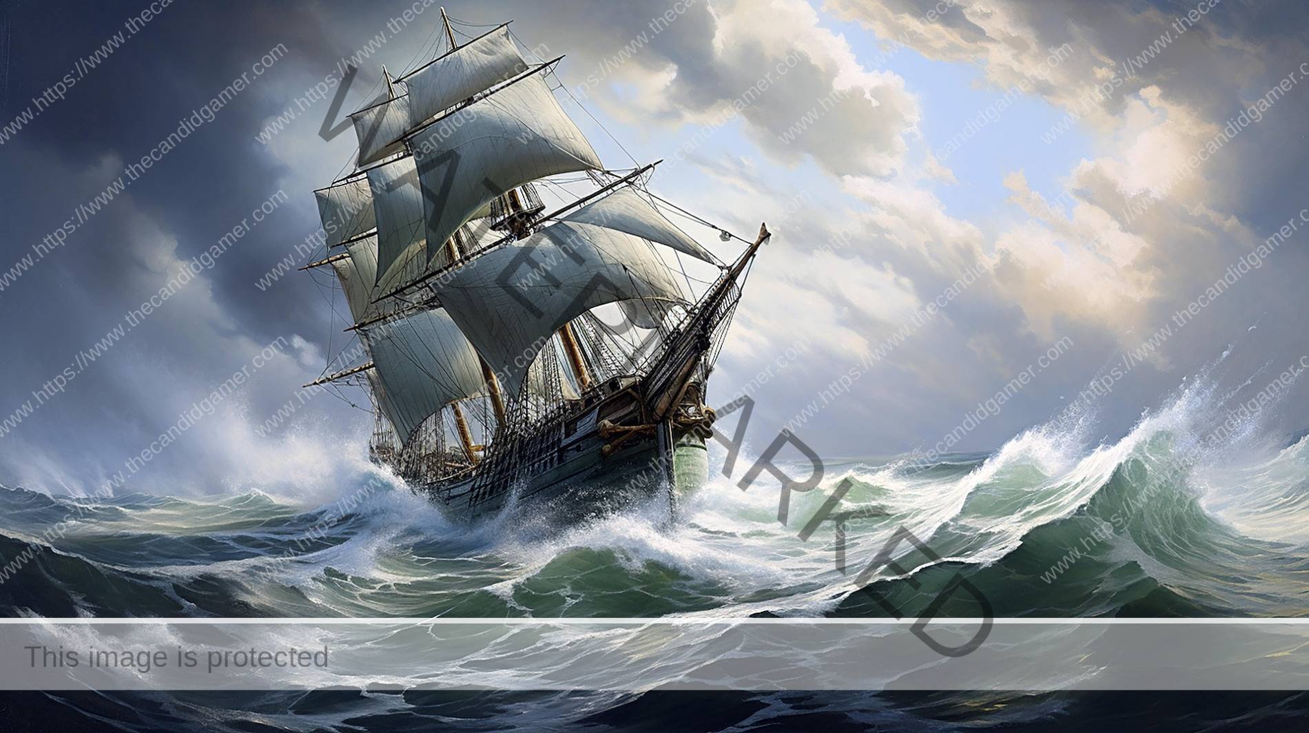 A ship being tossed in the sea.