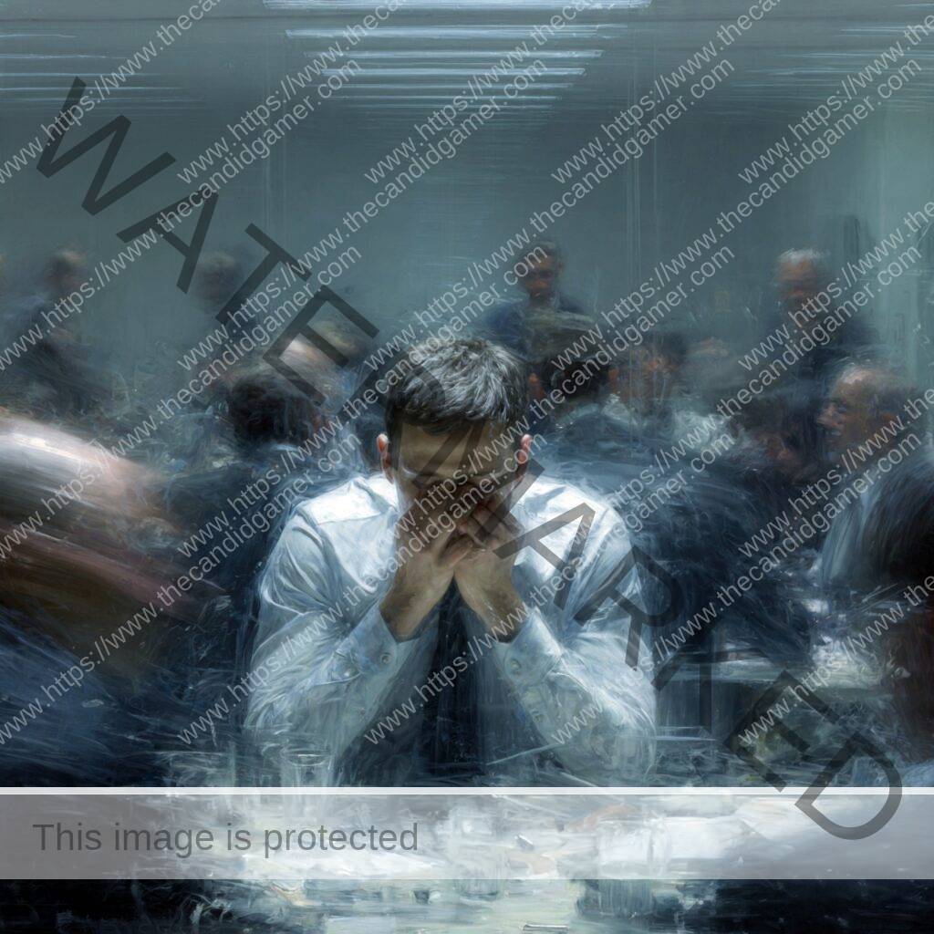 A man sits, overwhelmed. Behind him, a blurry office meeting is taking place.