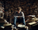 The REAL Reason My Posts Take So Long A young man sits in a room filled entirely with books.