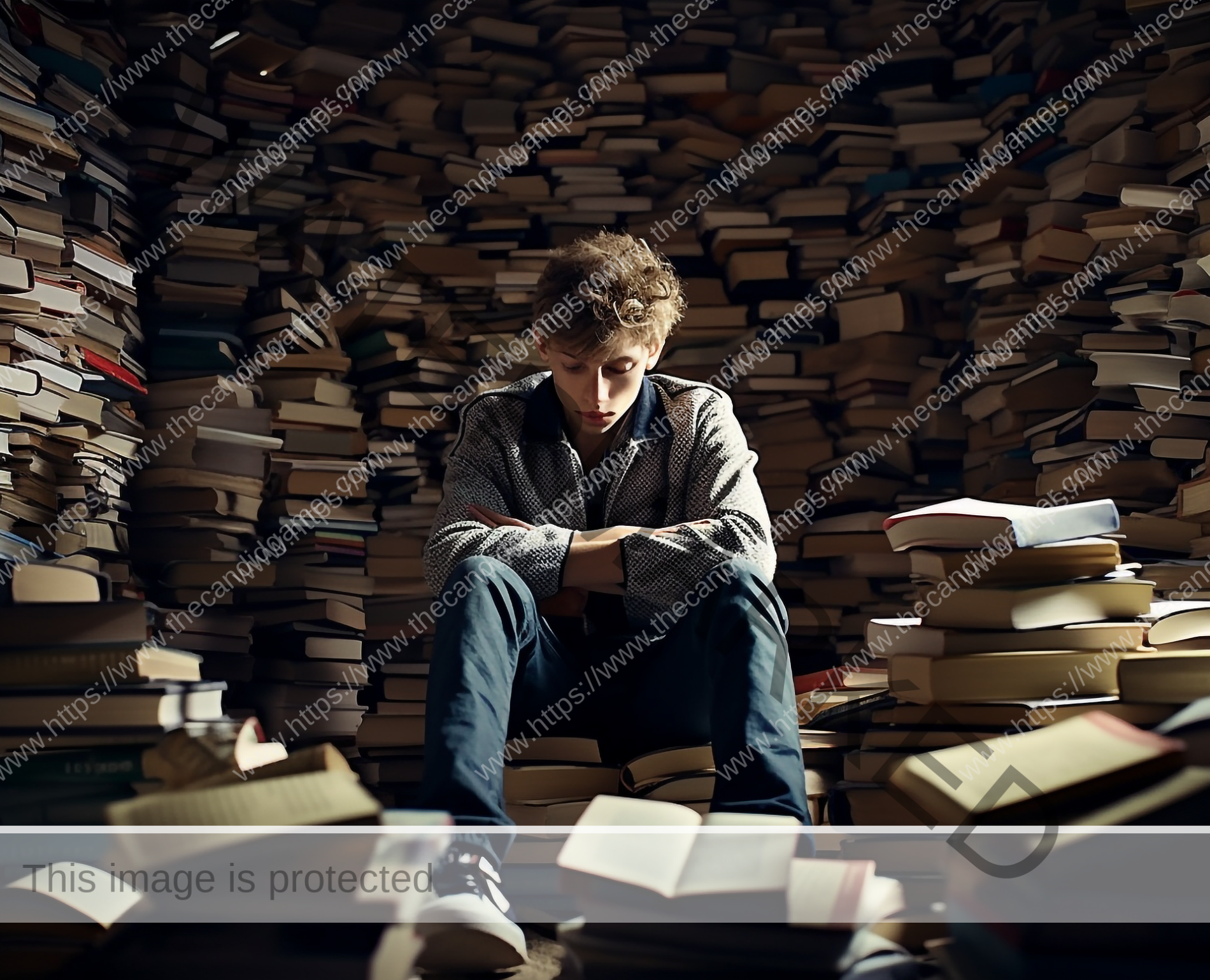 A young man sits in a room filled entirely with books.