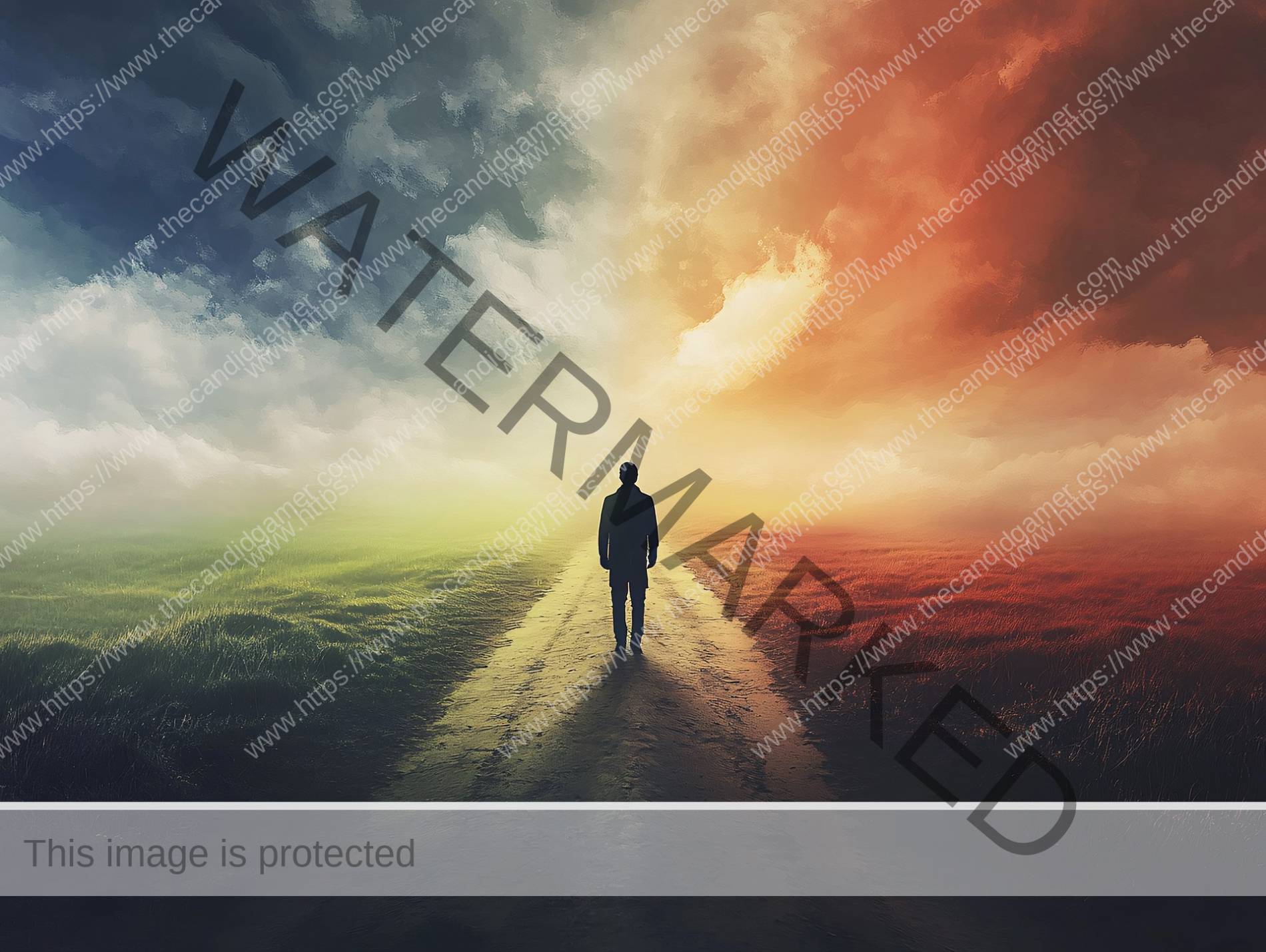 A man walks along a path, into a cloudy horizon. The path cannot be seen past the clouds.