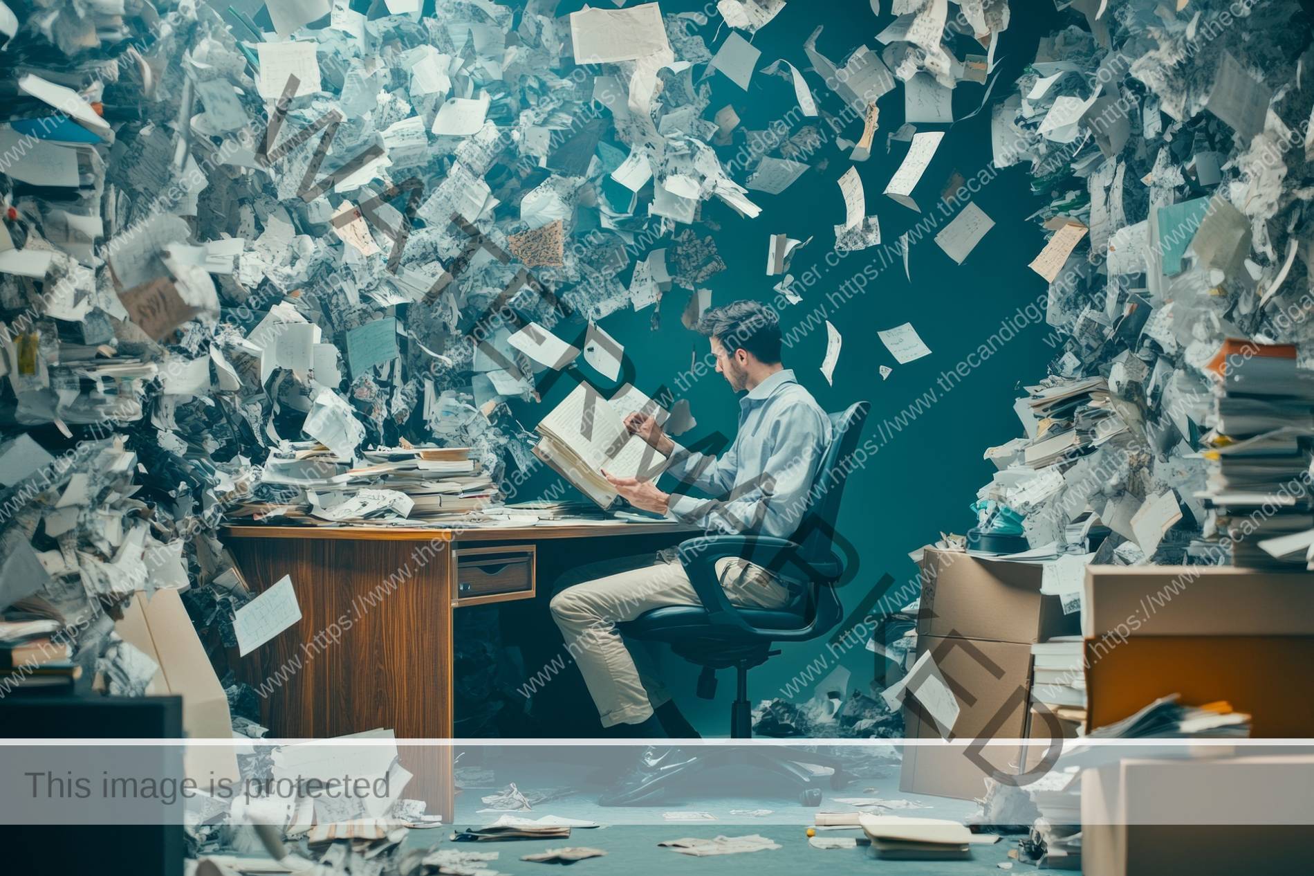 A man sits at a desk, with piles of papers and books around the room. A large number of papers fly above and around him as he works.