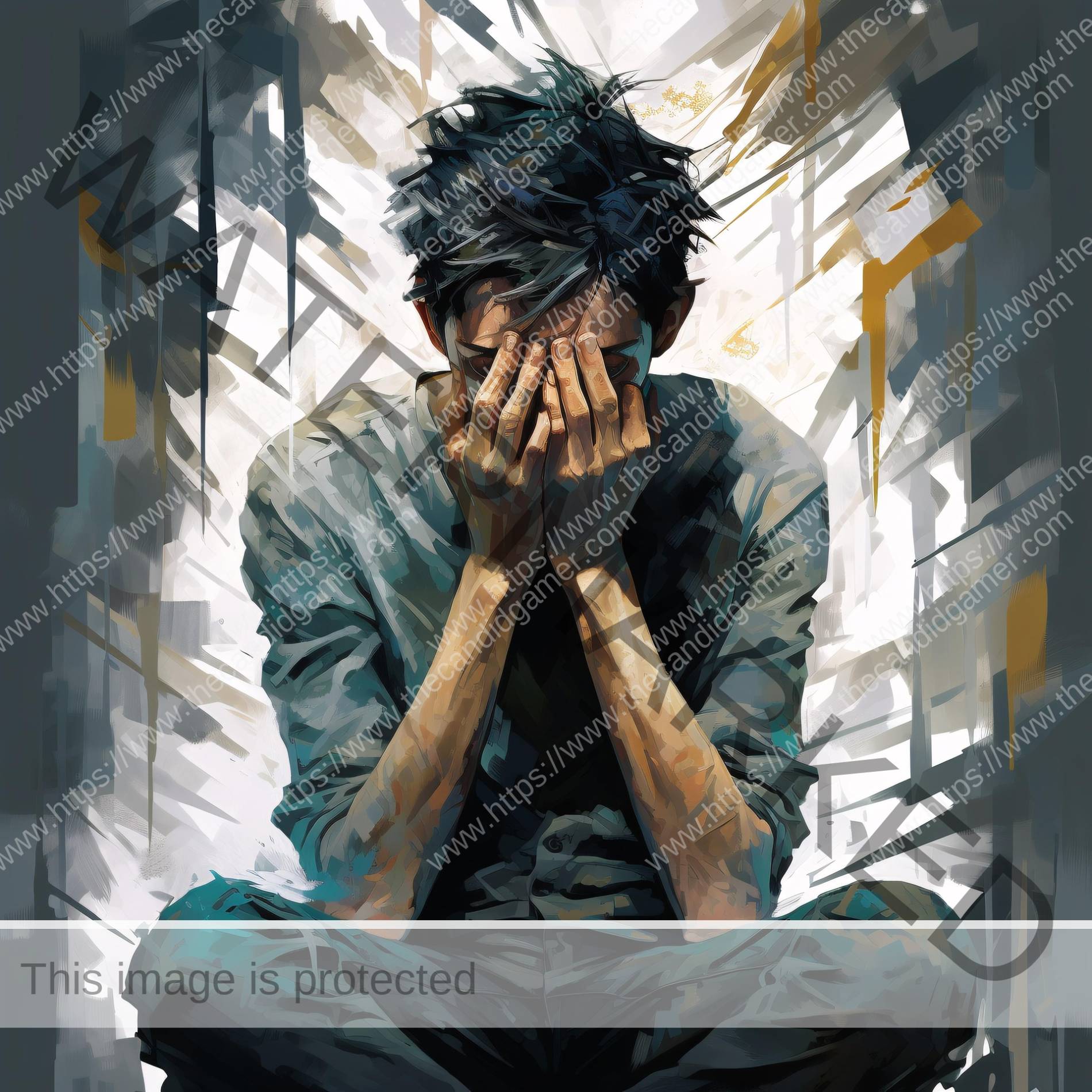 A boy sits cross-legged with his head in his hands, either sad, or ashamed of something.