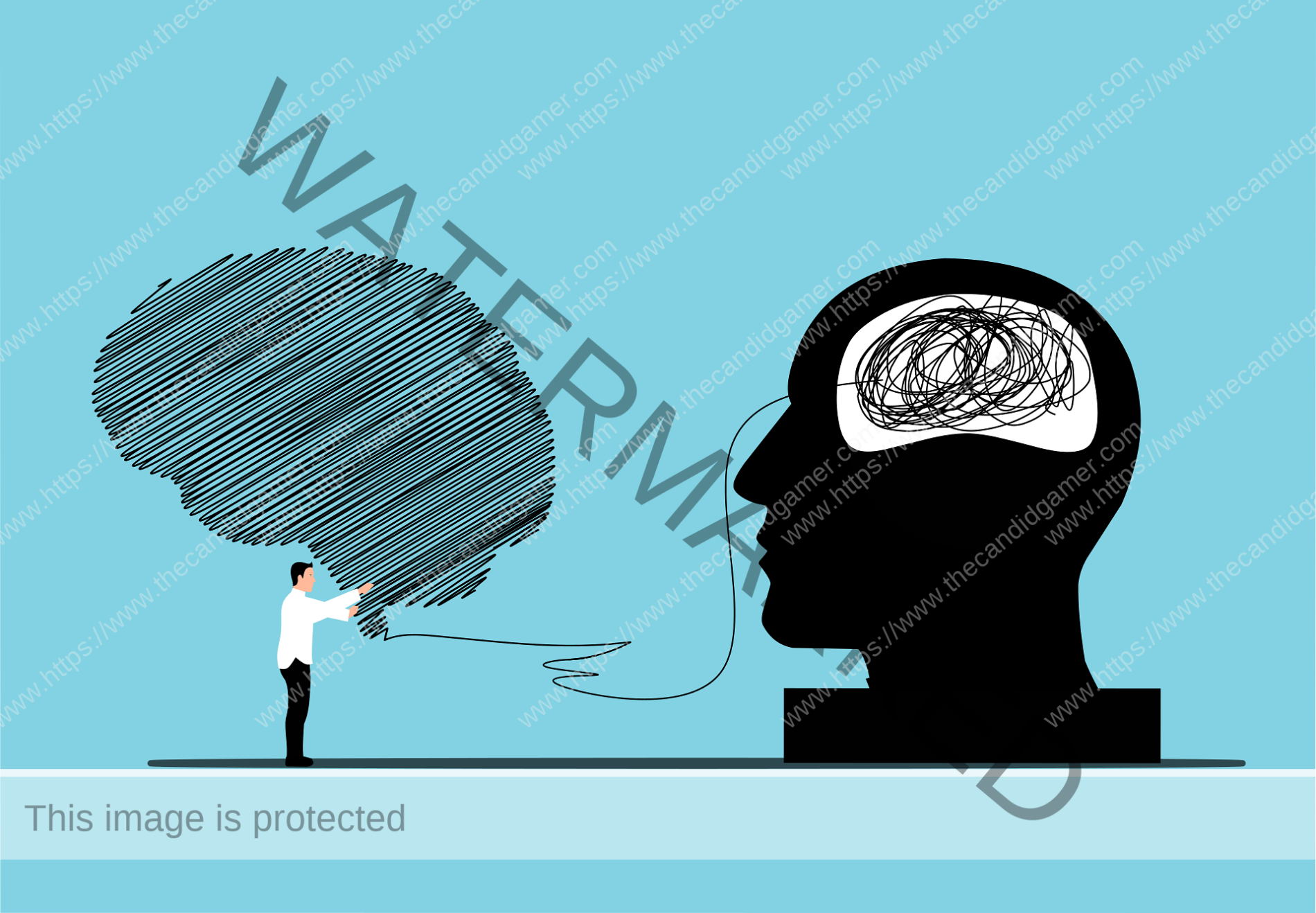 A cartoon man pulls out a tangle from a drawing of a human head. The untangled thread is neatly arranged in the shape of a brain.