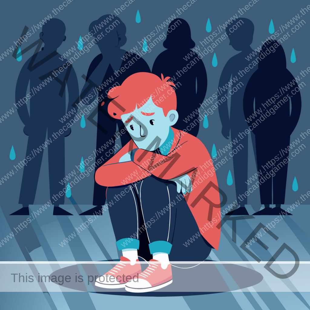 A boy sits crouched as people behind him gossip.