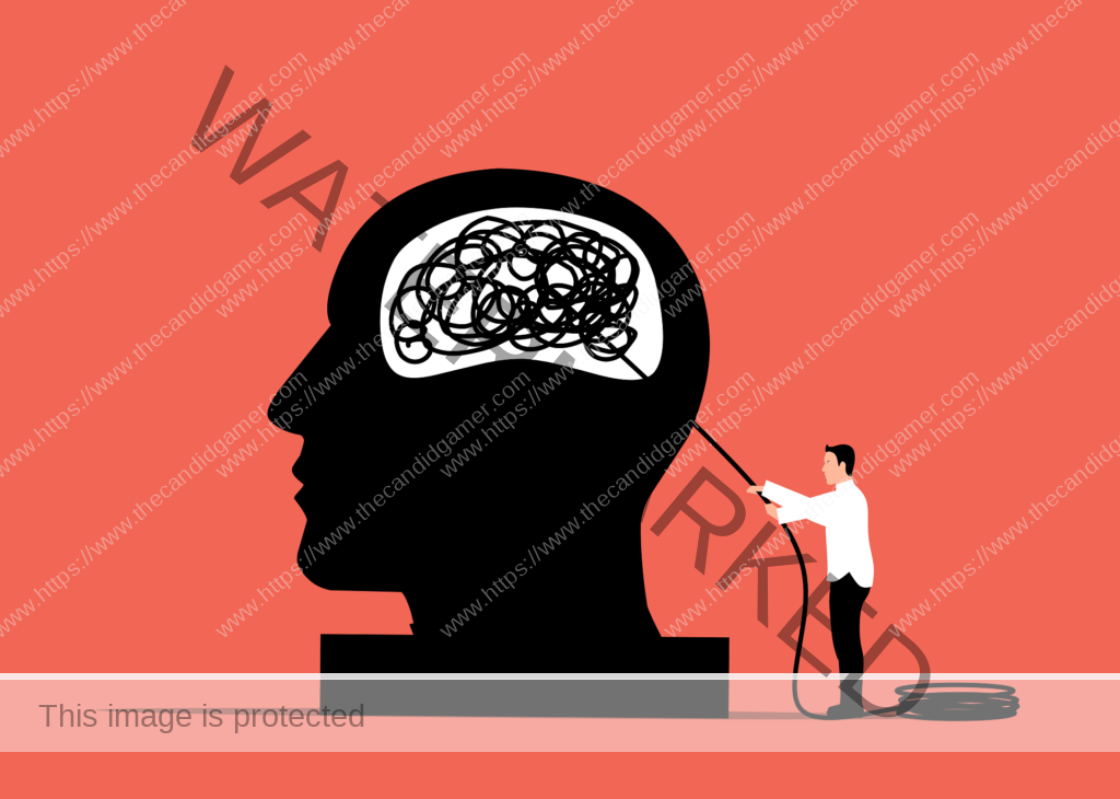 A man stands outside of a drawing of a human head. The man pulls out the tangled thoughts and safely coils them.