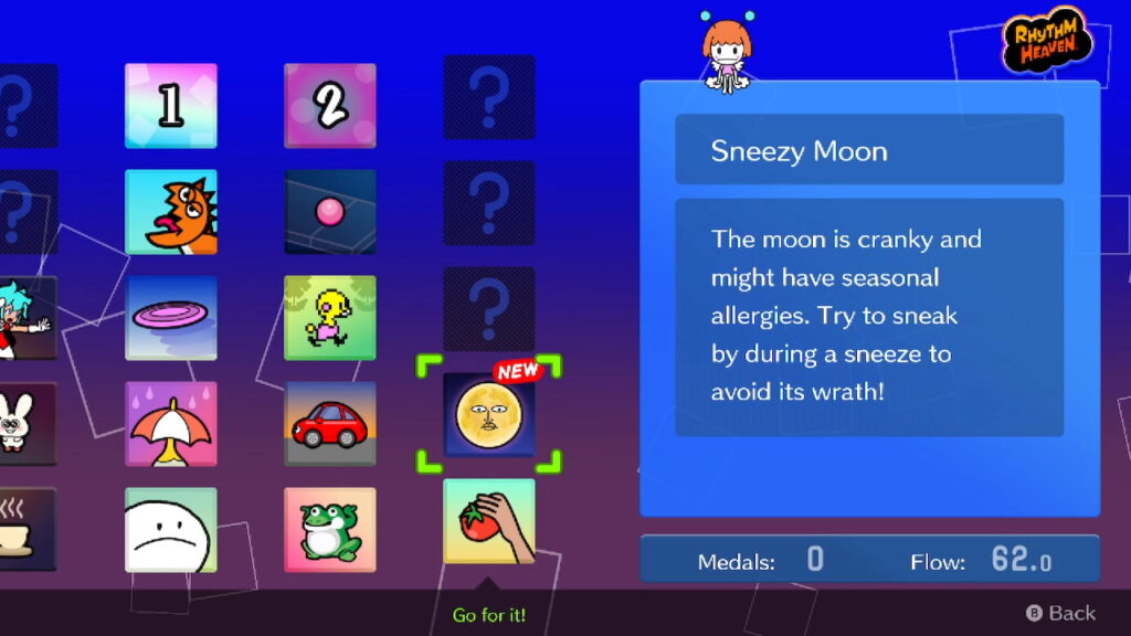 The game select menu is shown. The game Sneezy Moon is used as an example for how to skip games.