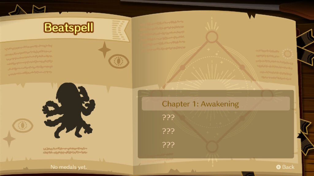 The menu screen for Beatspell is styled as a book with sparkles, eyes, and a diamond shaped glyph. Bosses are greyed out until the chapter is cleared. The text reads: "Chapter 1: Awakening"