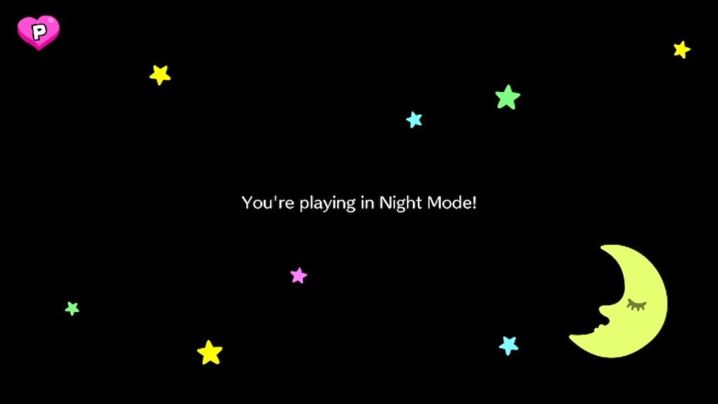 "Night Mode" is pictured for a Rhythm Game. A starry, night themed background overlays the screen, with text reading "You're playing in Night Mode!" visible on the screen.