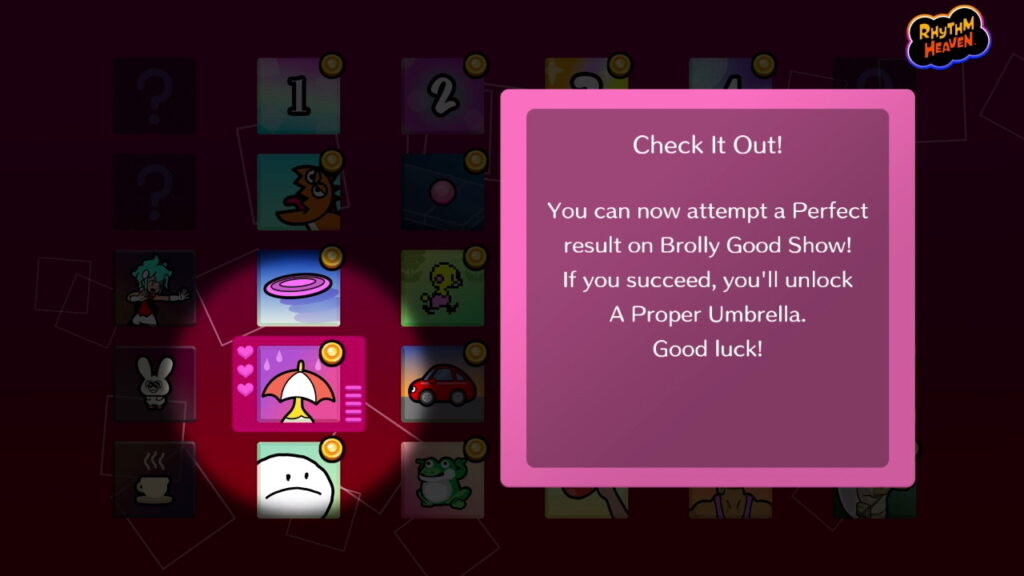 A prompt to attempt a Perfect appears at random over a game with a medal. It reads: "Check it Out! You can now attempt a perfect on Brolly Good Show! If yoy succeed, you'll unlock A Proper Umbrella. Good luck!"