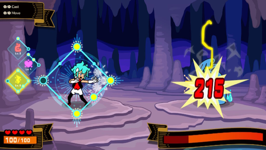 In Beatspell, the player character deals 215 damage with a perfectly cast Bolt spell.