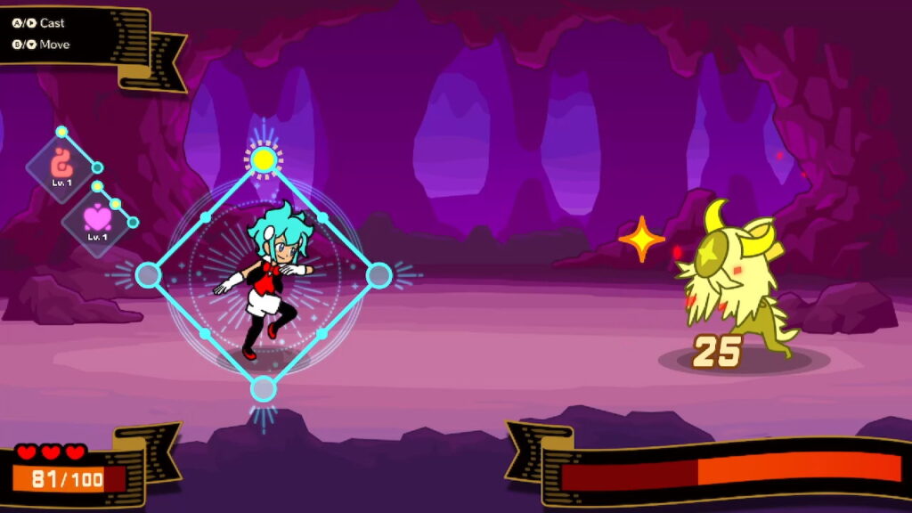 In Beatspell, the player character poses and deals 25 damage to a monster preparing to attack.