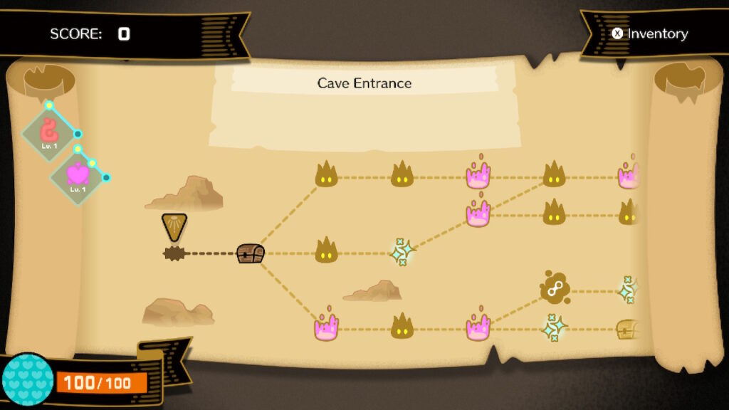 In Beatspell, a map shows the player's starting node, with three braching paths spreading out and branching further. The screen reads "Cave Entrance", and shows the player at a score of 0 and with full health.