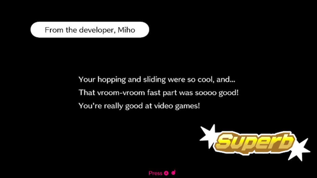 A feedback results screen from one of Rhythm Heaven Groove's rhythm games. It reads: "From the developer, Miho: 'Your hopping and sliding were so cool, and... That vroom-vroom fast part was soooo good! You're really good at video games!'" A Superb rating is given for the performance.