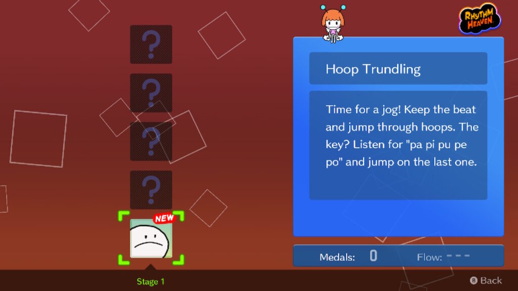 Rhythm Heaven Groove's initial game select menu can be seen. The starting game is "Hoop Trundling", with a description that reads: "Time to go for a jog! Keep the beat and jump through hoops. The Key? Listen for 'pa pi pu pe po' and jump on the last one.