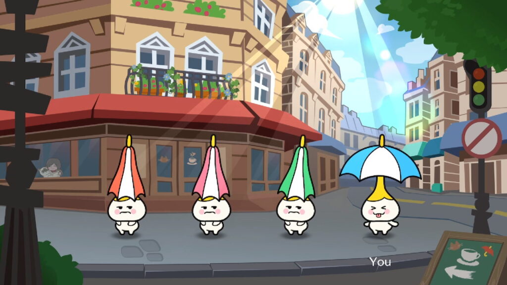 An Umbrella Performer playfully teases the rest of the quartet by not closing its umbrella on time.