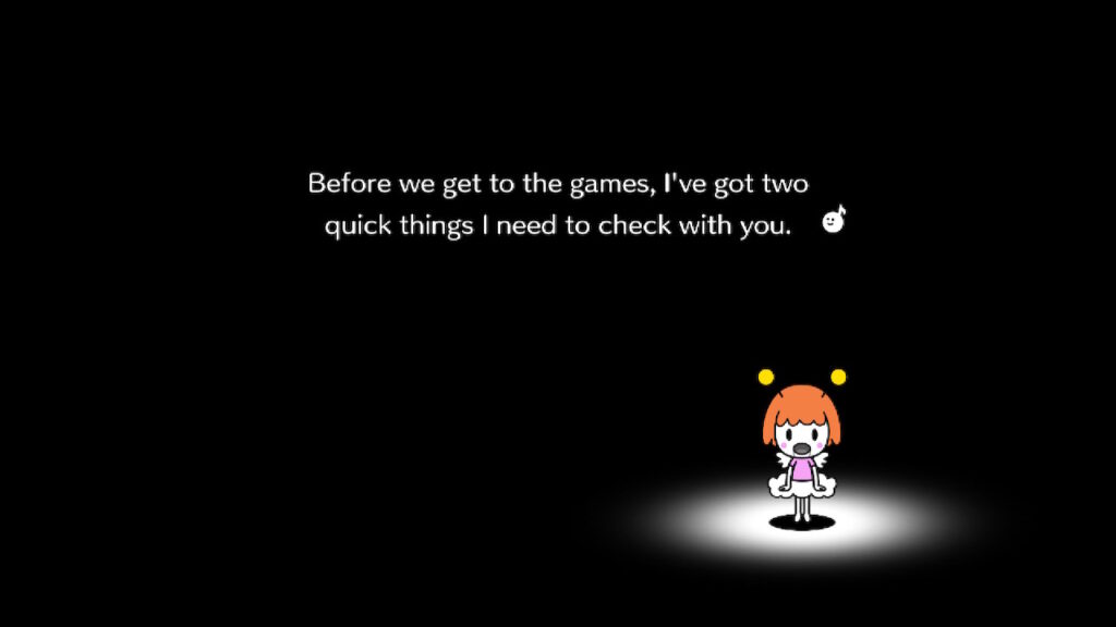 An introductory screen of the game. Lil Miss Reeds reads the following text aloud: "Before we get to the games, I've got two quick things I need to check with you."