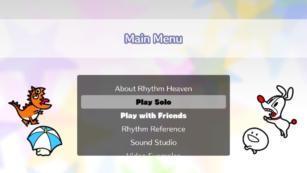 The game's main menu screen is pictured. The "Play Solo" option is highlighted, as characters move in 2-frame animations against the faded pastel colors of the menu.
