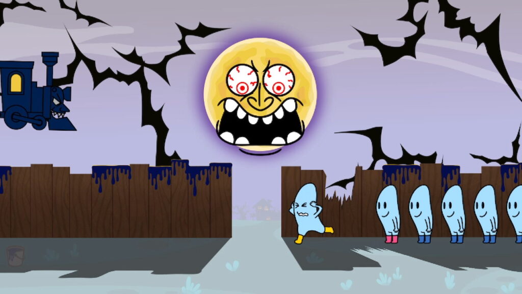 The moon frightens and scares a ghost as lightning flashes on-screen. The ghost starts to run away in fear, covering its ears as a ghost train comes into frame from the left.
