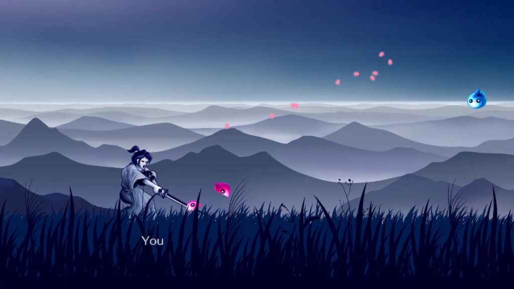 A samurai slices a spirit in half as they walk through tall grass. A mountainous landscape can be seen in the background, with cherry blossom petals blowing in the wind.