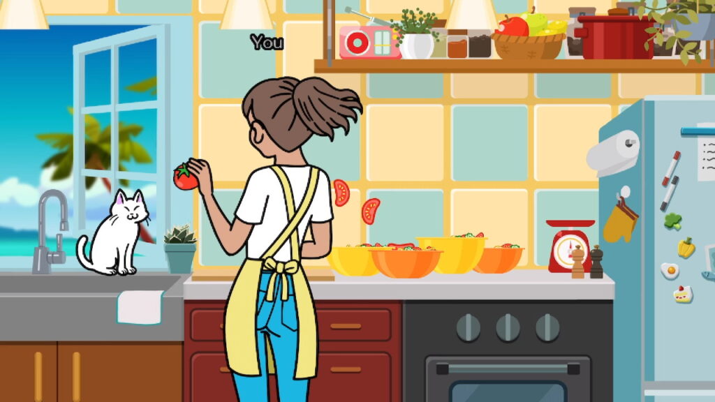 A woman catching and chopping vegetables and a cat are visible on screen. The word "You" appears above the woman, indicating the player's character.