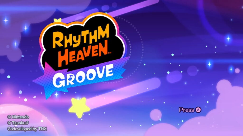 Stars fall as the title screen waits for player input. The screen reads "Rhythm Heaven Groove, ©Nintendo, © Tsunuku♂, Codeveloped by TNX. Press A."