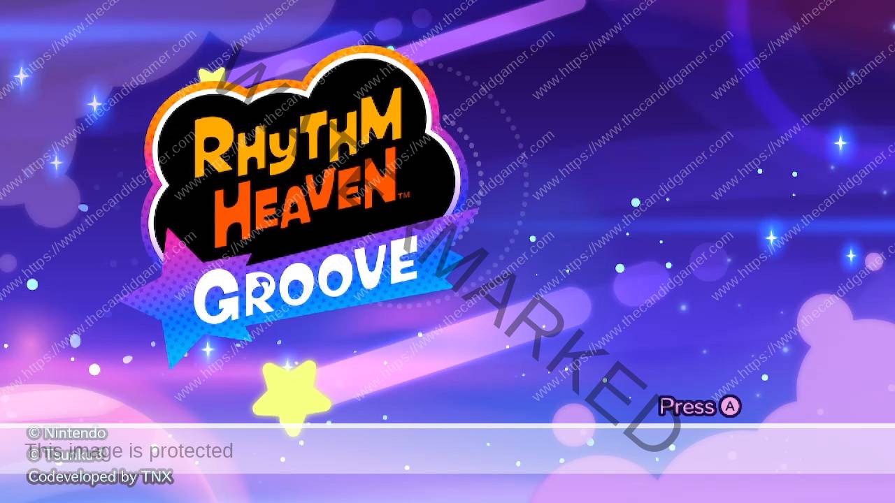 Stars fall as the title screen waits for player input. The screen reads "Rhythm Heaven Groove, ©Nintendo, © Tsunuku♂, Codeveloped by TNX. Press A."