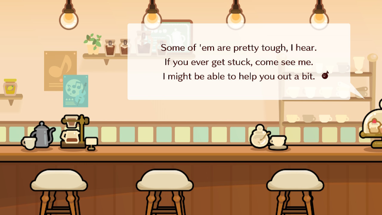 A screenshot from the Café. The Barista implies they will help with a game if the player is stuck.