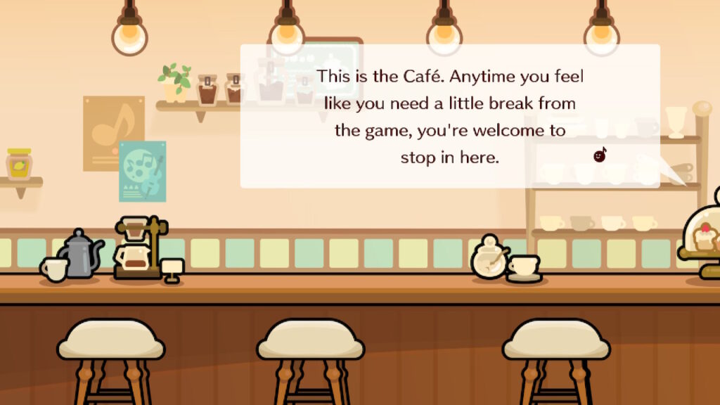 The Café is pictured. The Barista greets the player and invites them to return between rhythm games.