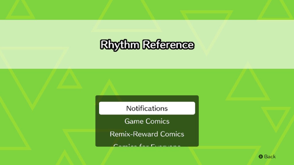 Pictured: the Rhythm Reference menu. All unlockable reading material can be found here.